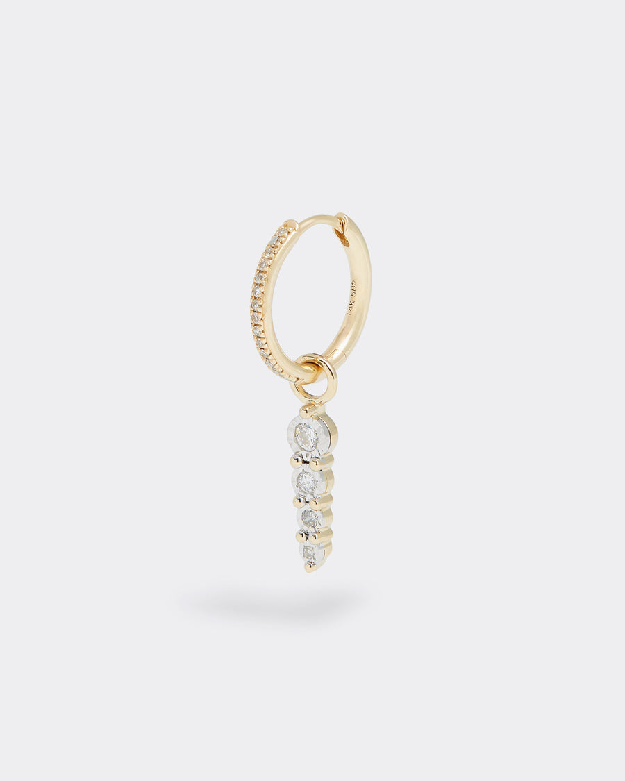 14ct gold & diamond charm, 3 linear diamonds, interchangeable charm to be used on necklaces and earrings, product shot on hoop earring