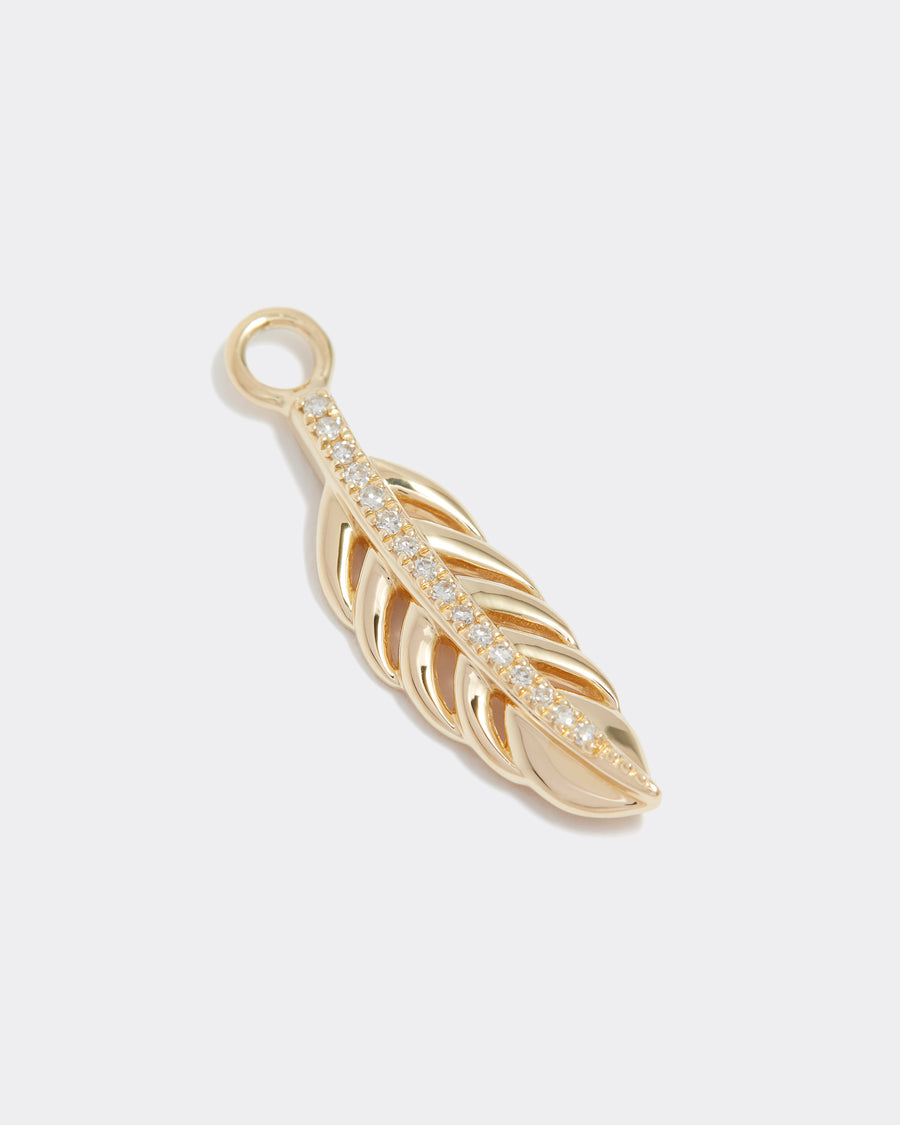 14ct gold & diamond charm, feather shape with diamonds down the centre, interchangeable charm to be used on necklaces and earrings, product shot