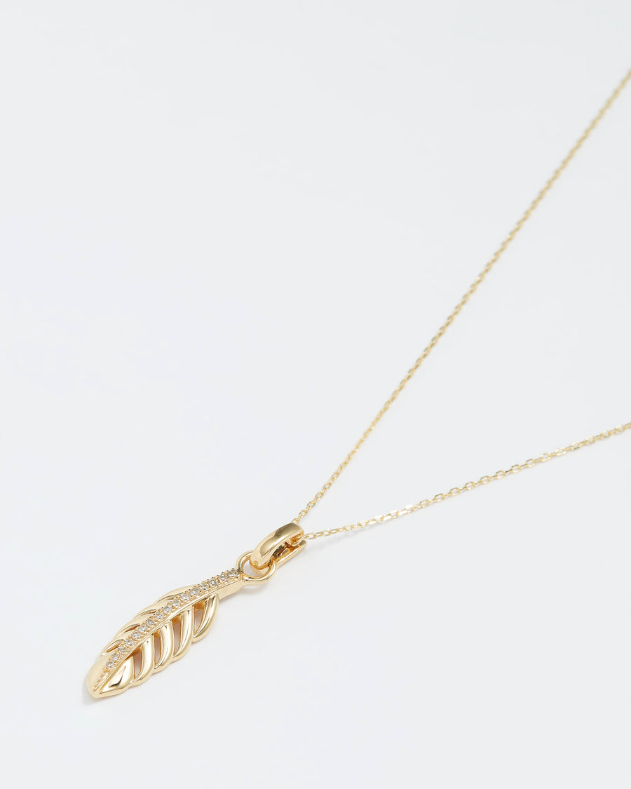 14ct gold & diamond charm, feather shape with diamonds down the centre, interchangeable charm to be used on necklaces and earrings, product shot on necklace chain
