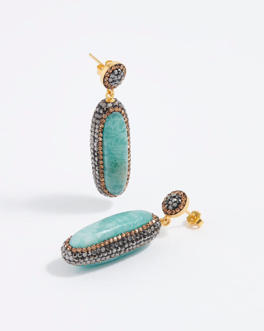 product shot of soru jewellery double sided amazonite gemstone and crystal earrings 