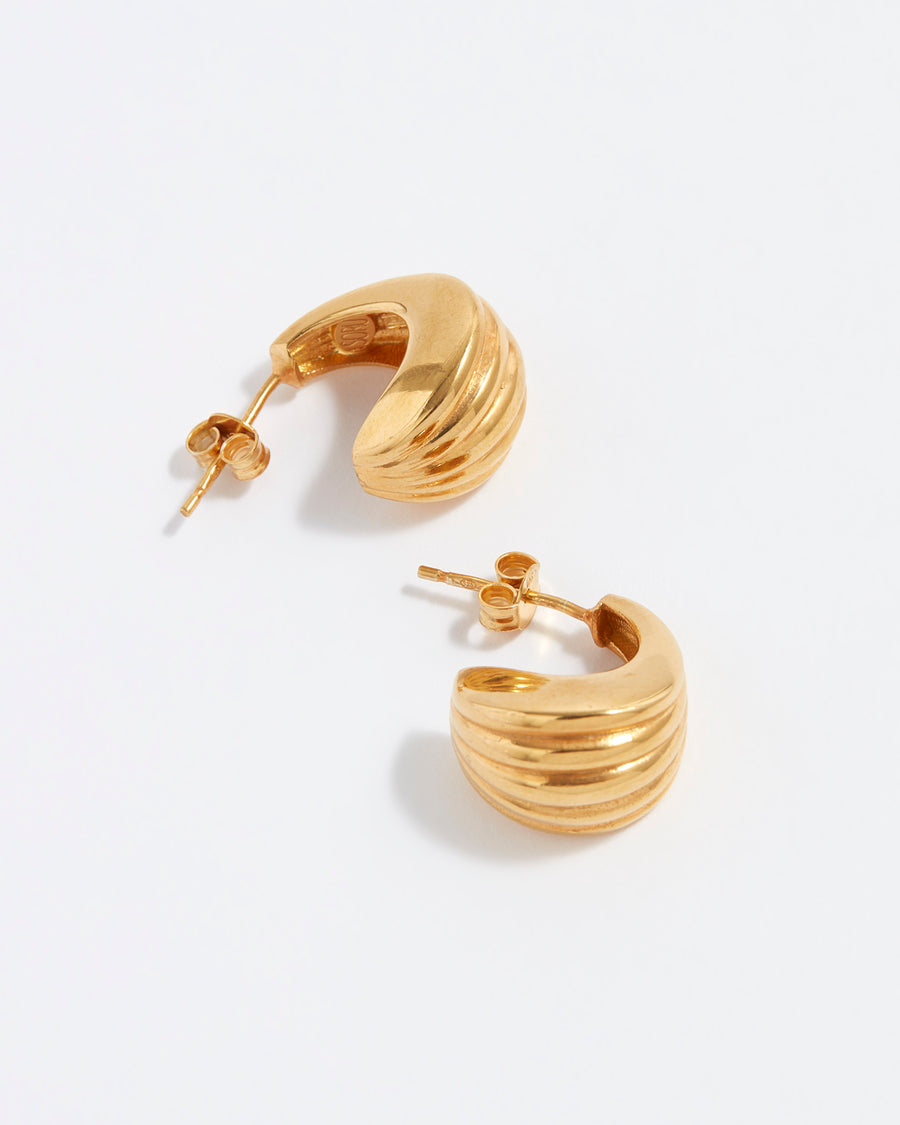 gold plated silver small hoops with fan, textured detailing