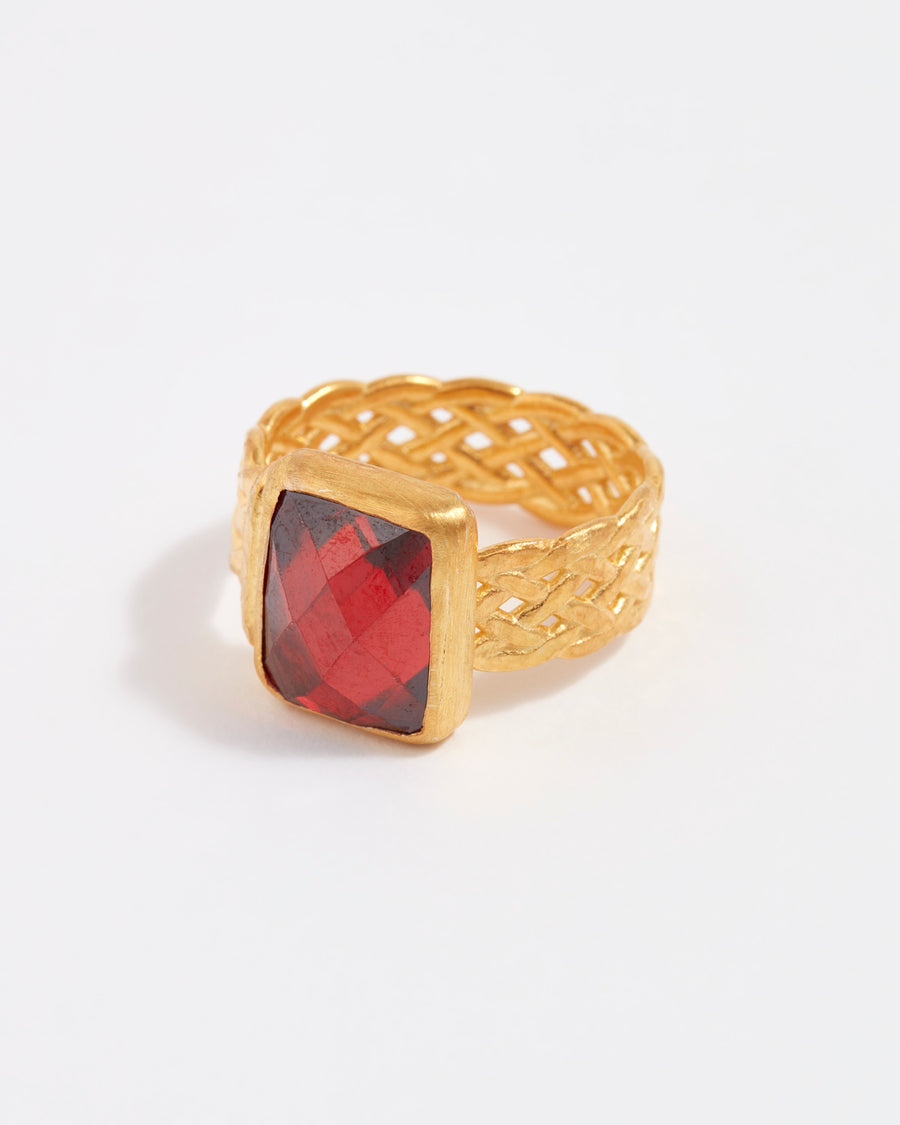 Soru Jewellery red crystal and gold plaited venus ring product image 