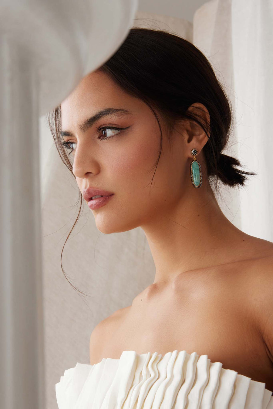 model shot of soru jewellery double sided amazonite gemstone and crystal earrings 