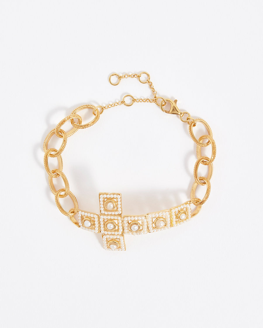 soru jewellery pearl and gold cross bracelet