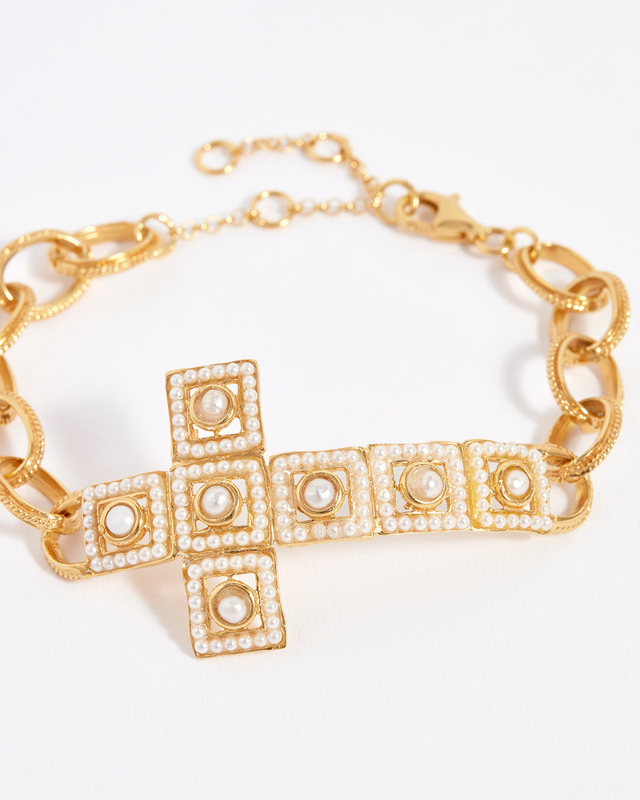 soru jewellery pearl and gold cross bracelet