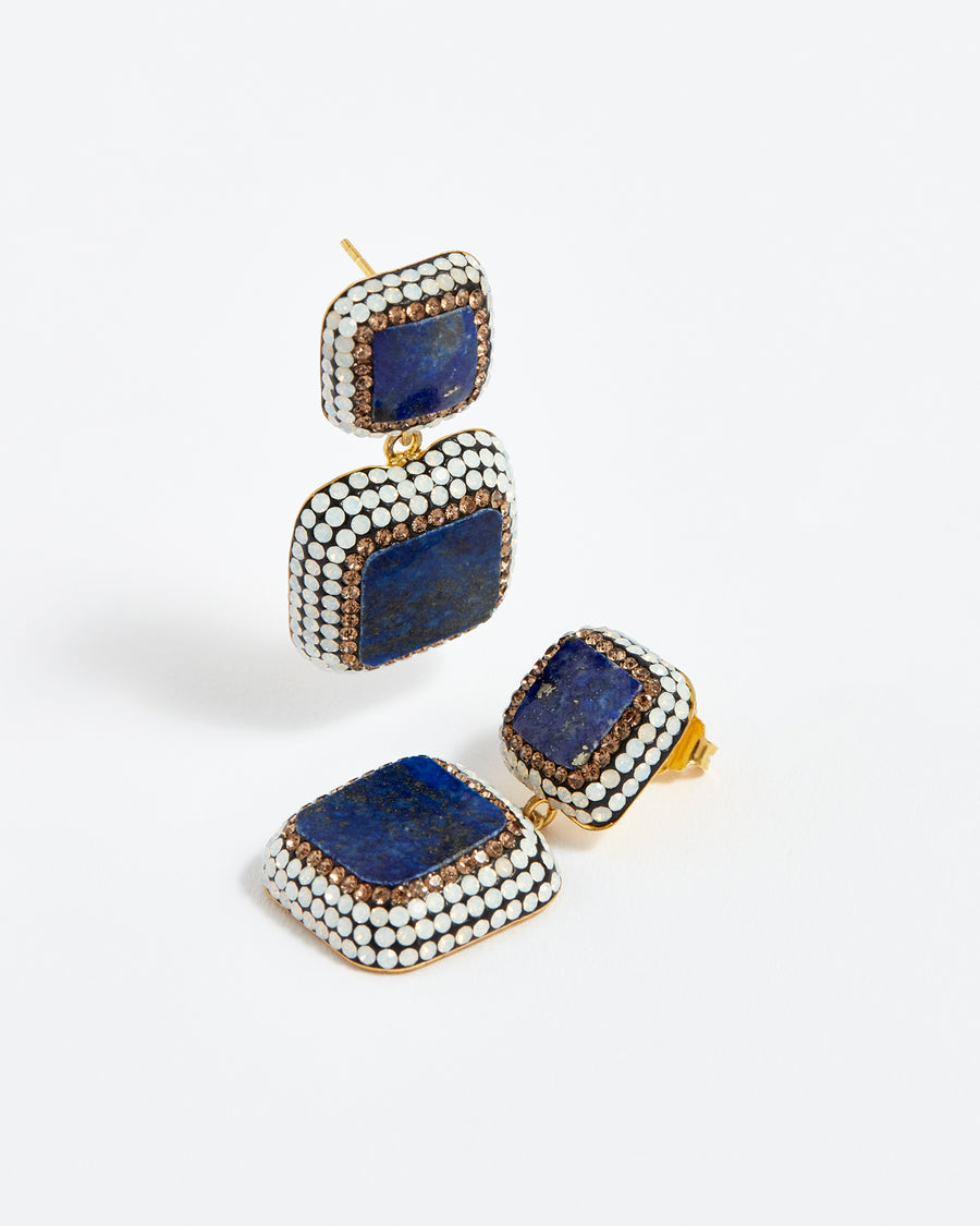 SORU JEWELLERY BLUE LAPIS SQUARE DOUBLE DROP EARRINGS SURROUNDED BY OPAL CRYSTALS