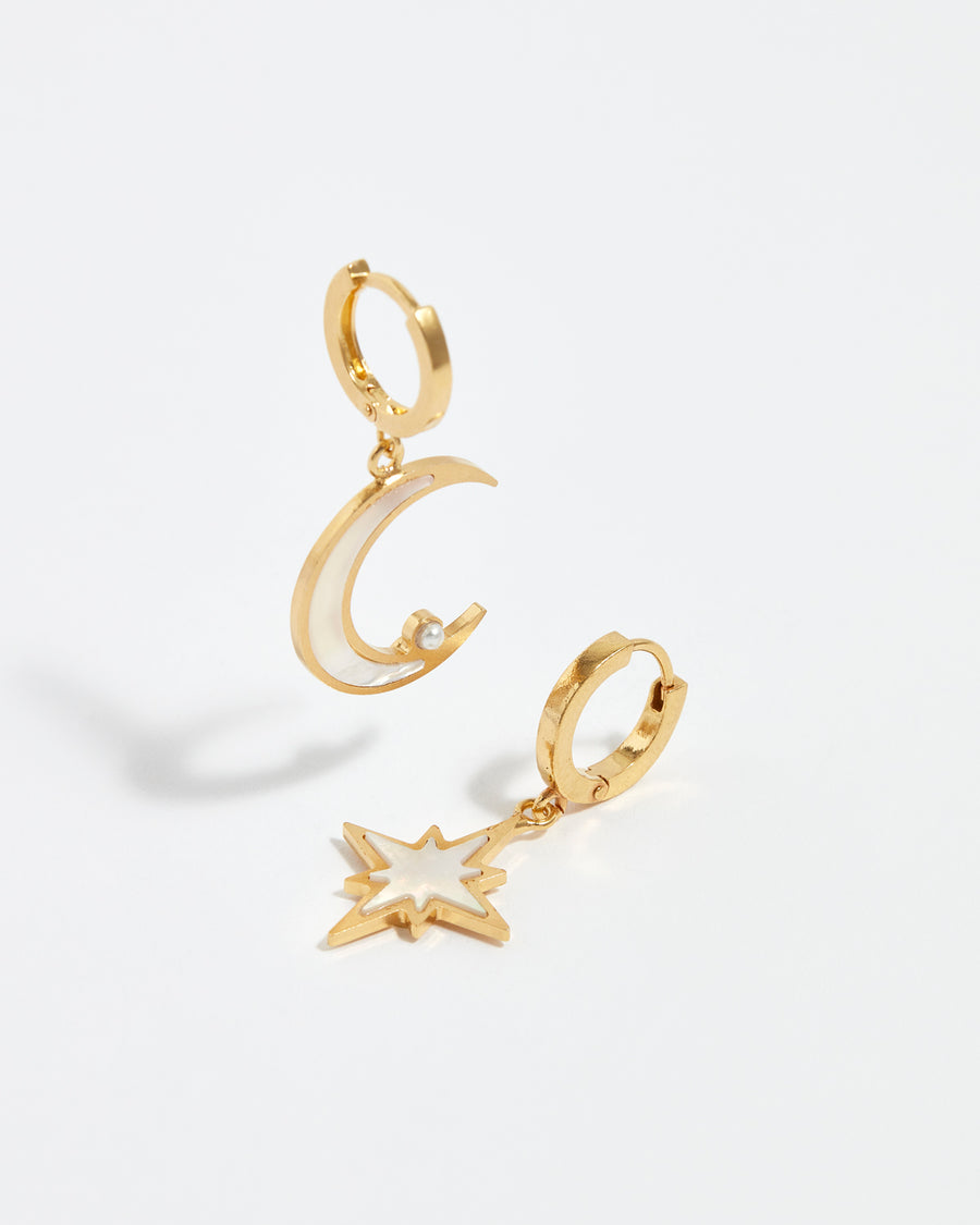 Soru jewellery gold earrings, clear crystal embellished mini hoop with moon charms