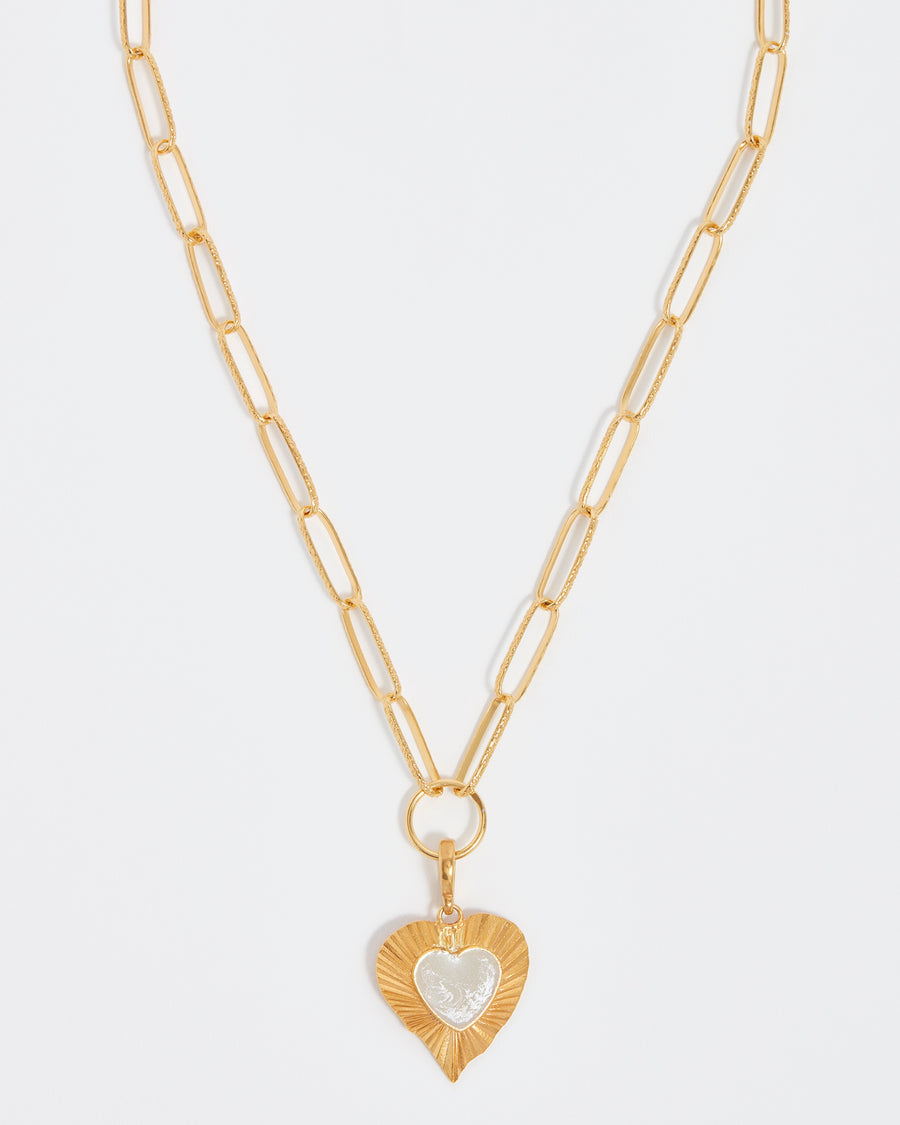 soru jewellery textured gold and enamel heart charm. Clip on charm. Attached to chain view 