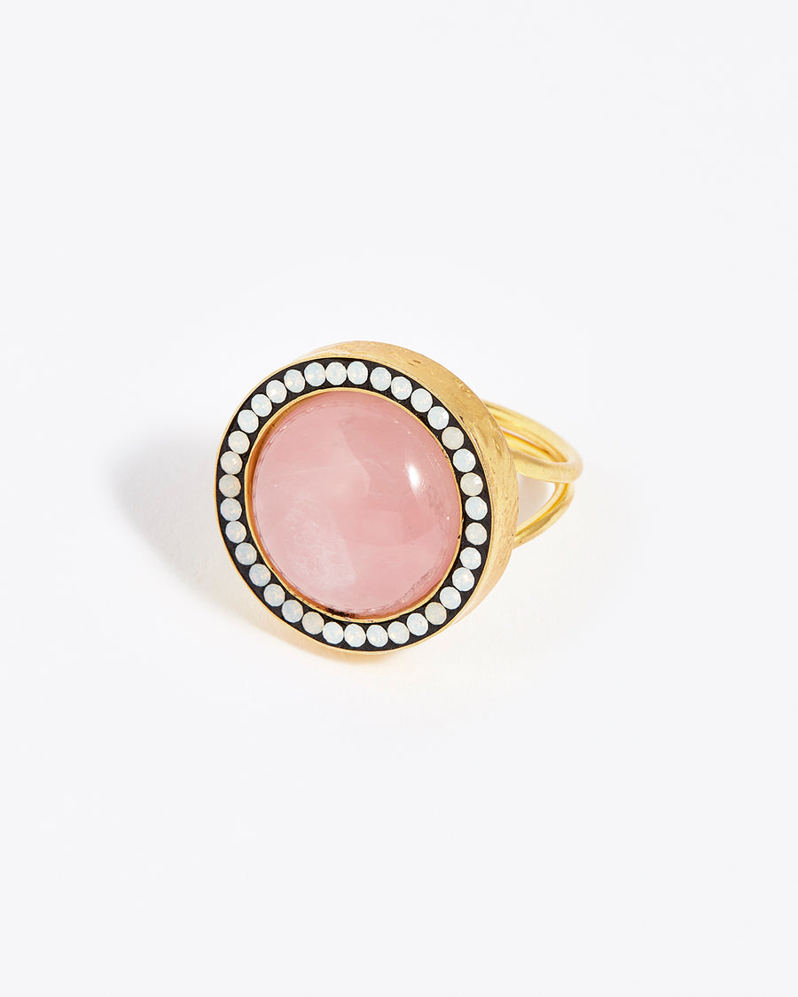 soru jewellery pink rose quarts round adjustable ring with opal crystals surround