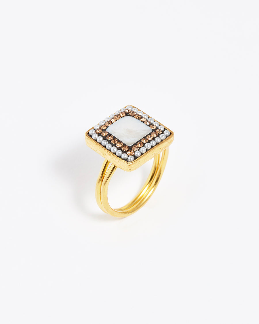 SORU JEWELLERY, SQUARE pearl RING, GOLD PLATED SILVER, pearl CENTRE, ADJUSTABLE