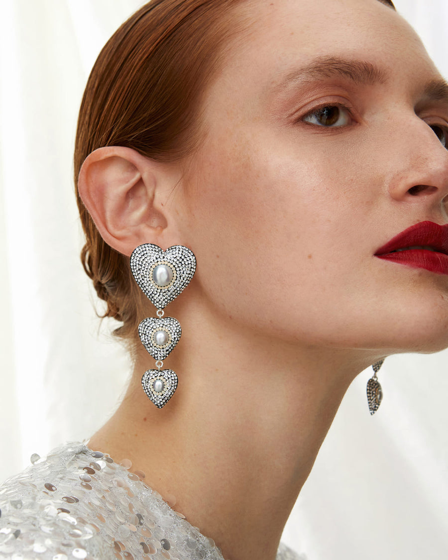 Soru jewellery silver crystal emellished linear heart earrings