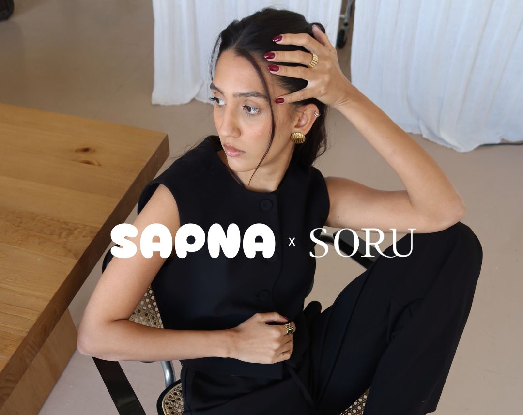 Sapna X Soru collection campaign image of Sapna wearing gold stud earrings