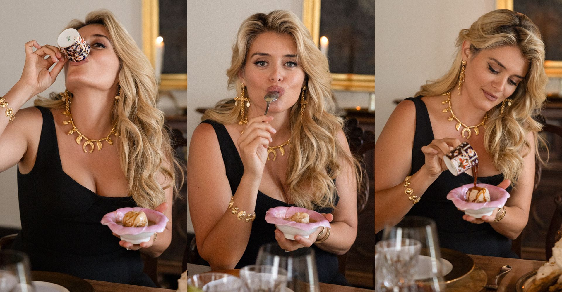 Daphne Oz looking into mirror showing reflection of her wearing gold charm necklace from her jewellery collaboration with Soru 