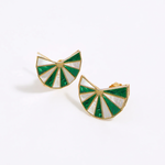 Pair of green and white fan shaped earrings on a white background