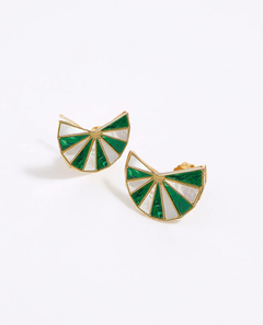 Pair of green and white fan shaped earrings on a white background