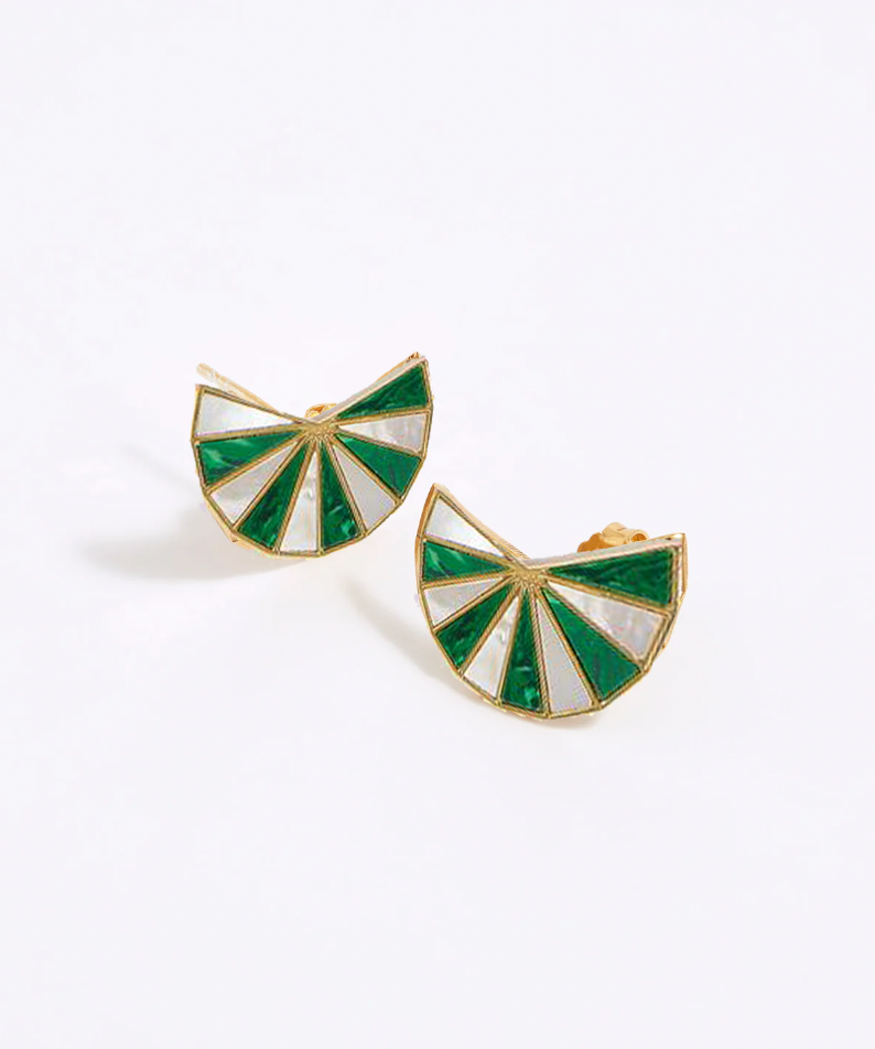Pair of green and white fan shaped earrings on a white background