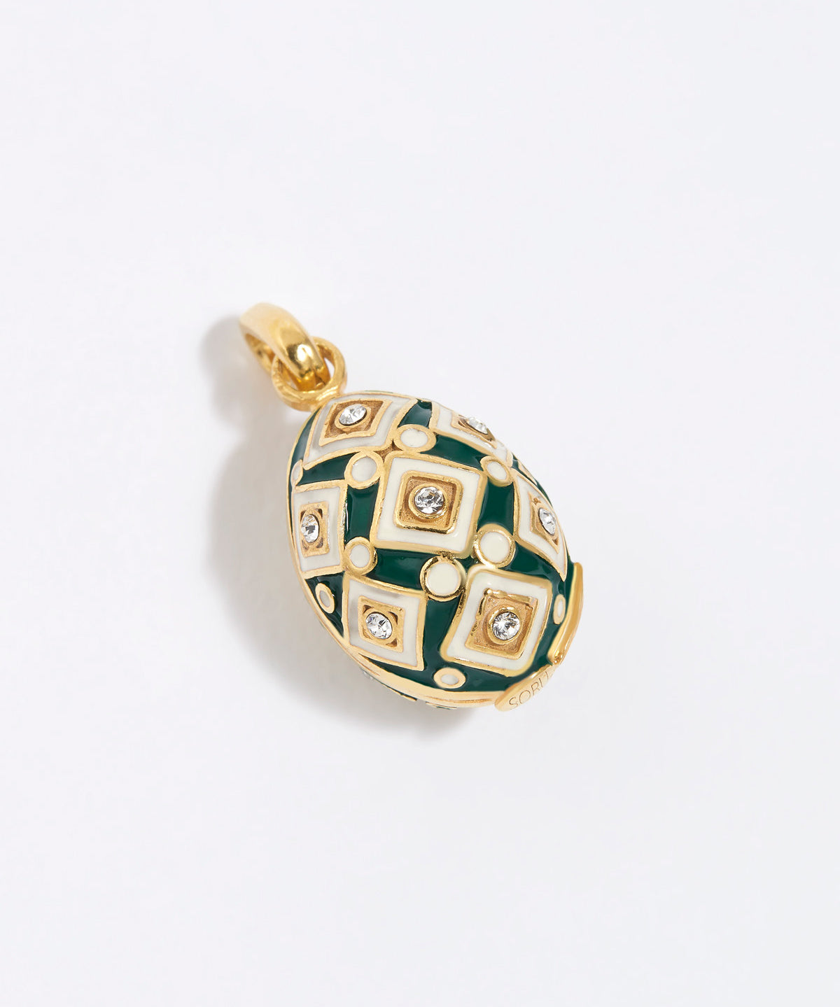 egg shaped Decorative charm pendant with green and gold design on a white background