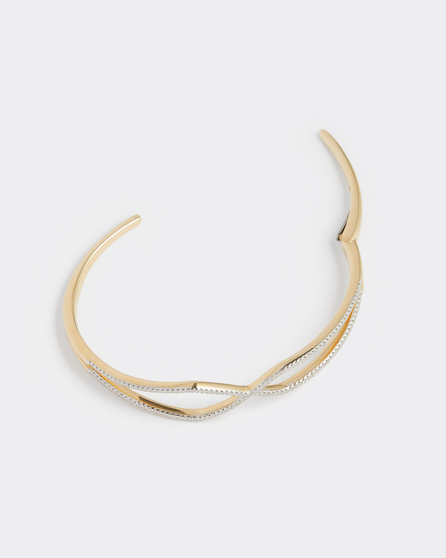 hinge open on geometric shaped gold and diamond bangle, product shot