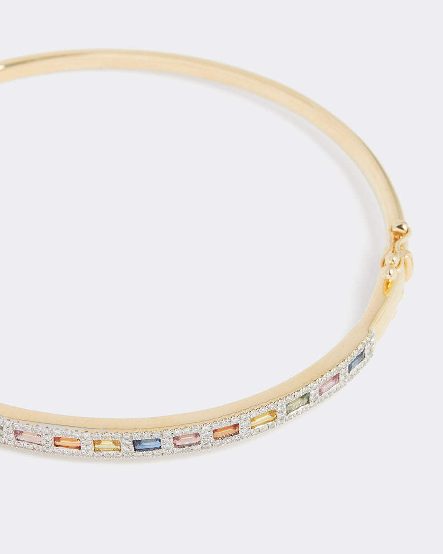 Soru Jewellery multi coloured sapphire and diamond gold hinged bangle product shot close up detail 