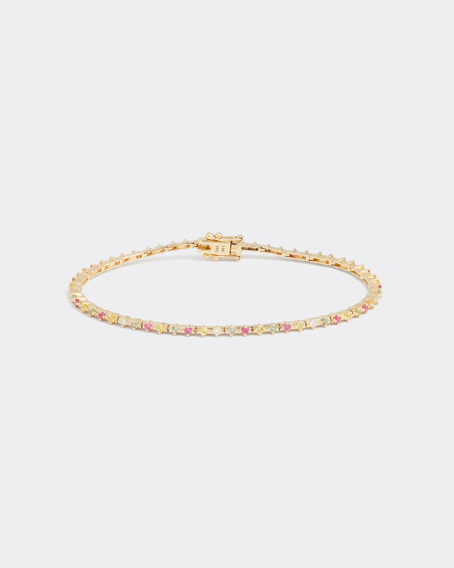 Soru Jewellery multi coloured sapphire and diamond tennis bracelet product shot details 