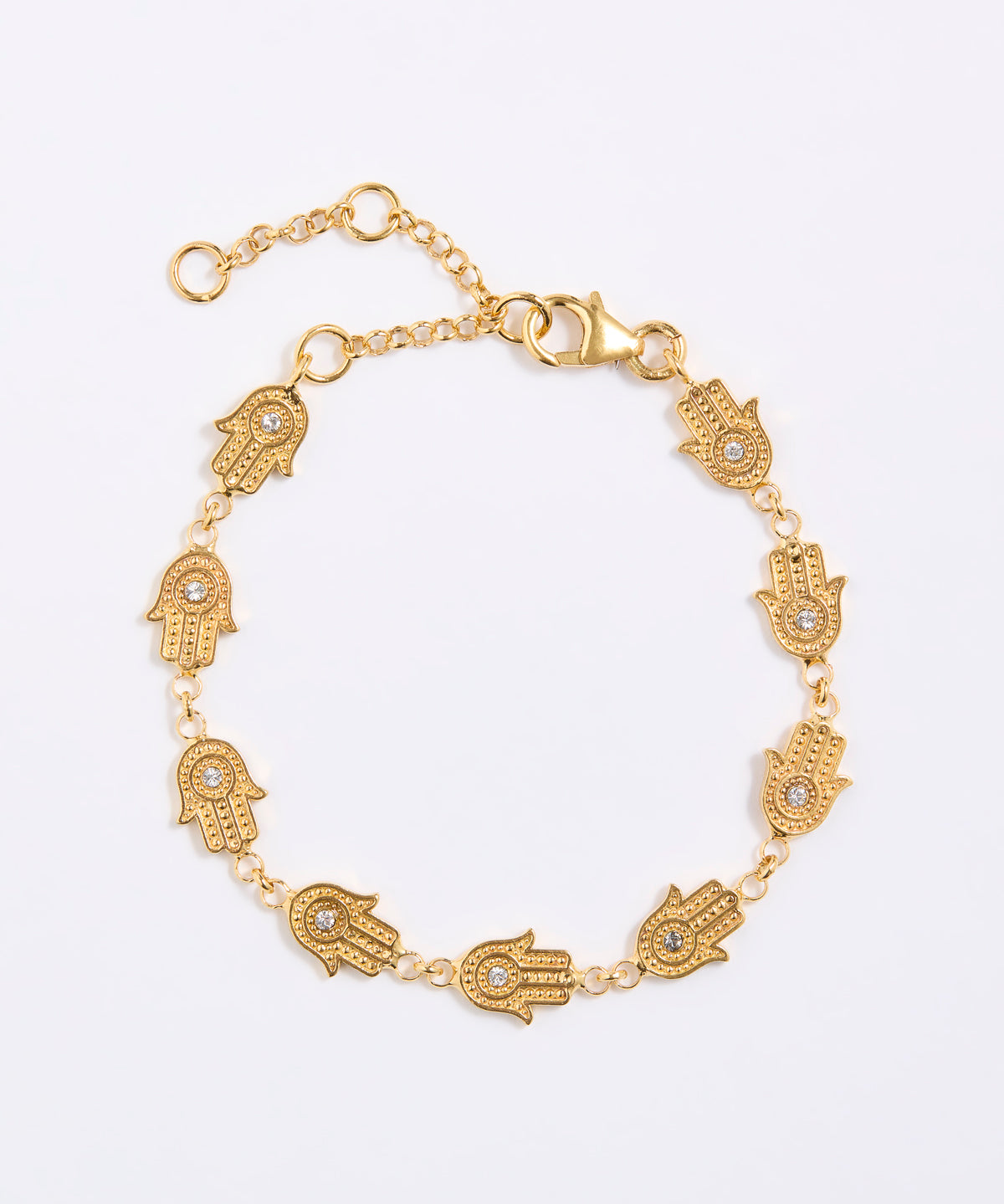 product shot on white background of a hamsa hand gold bracelet