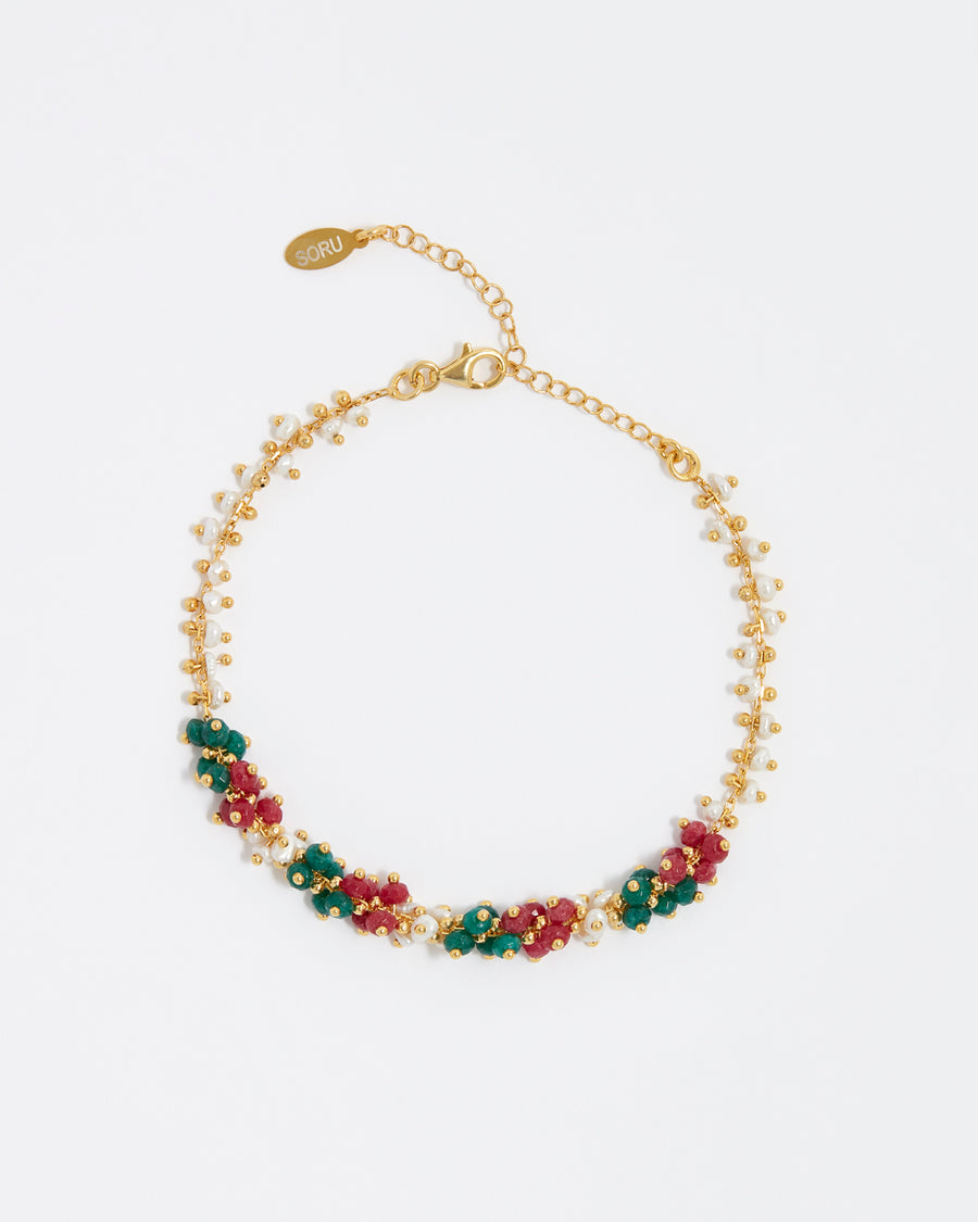 soru jewellery gold plated silver bracelet with green, and red jade gemstones and mini pearls 