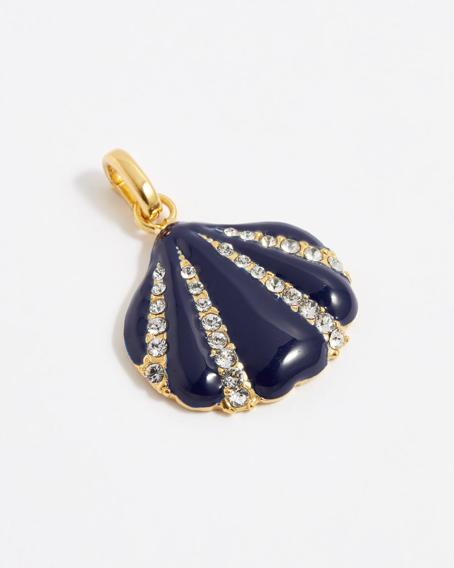 product shot of navy blue enamel and crystal encrusted shell shaped charm