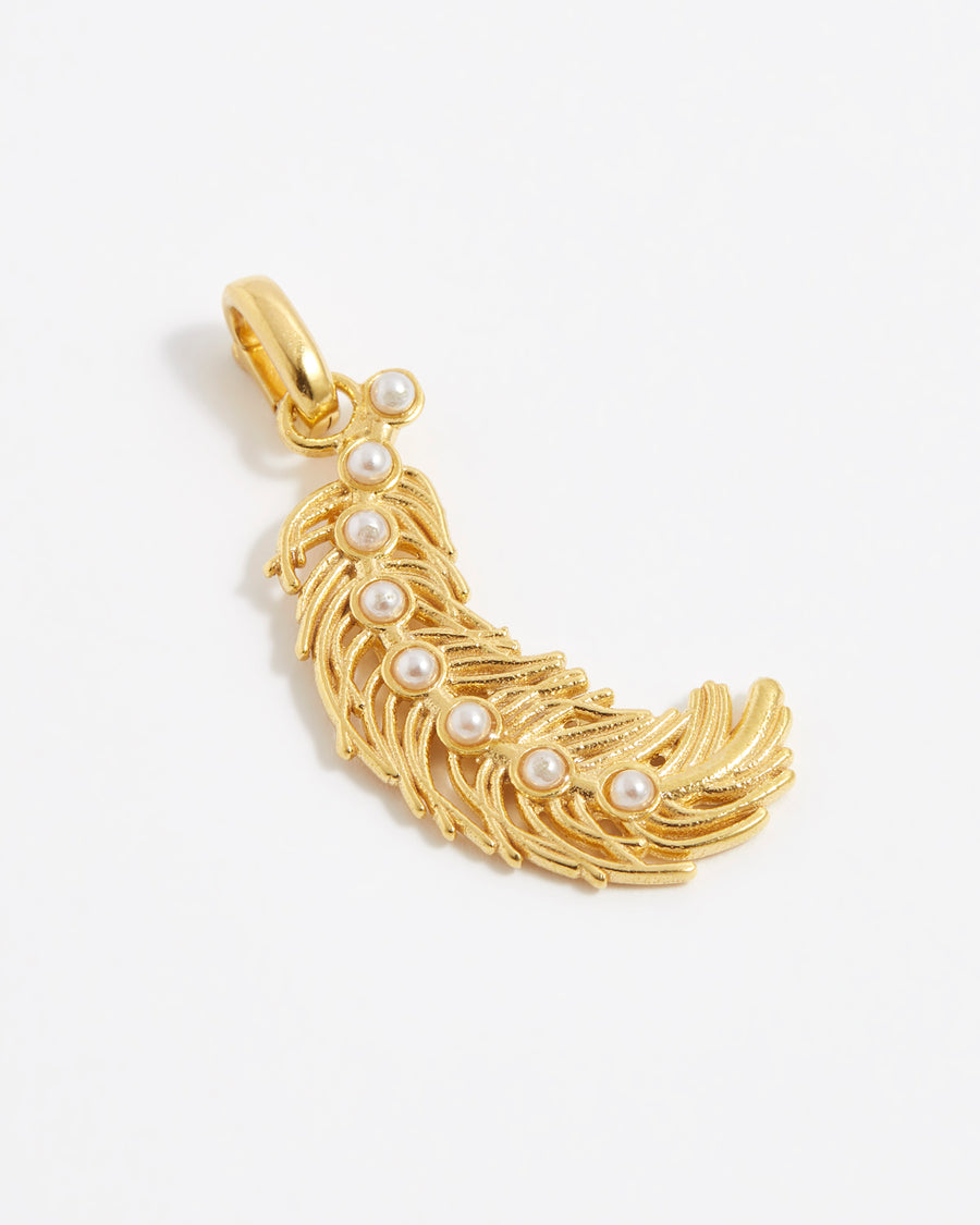 product shot of gold plated silver feather charm with pearls down the centre