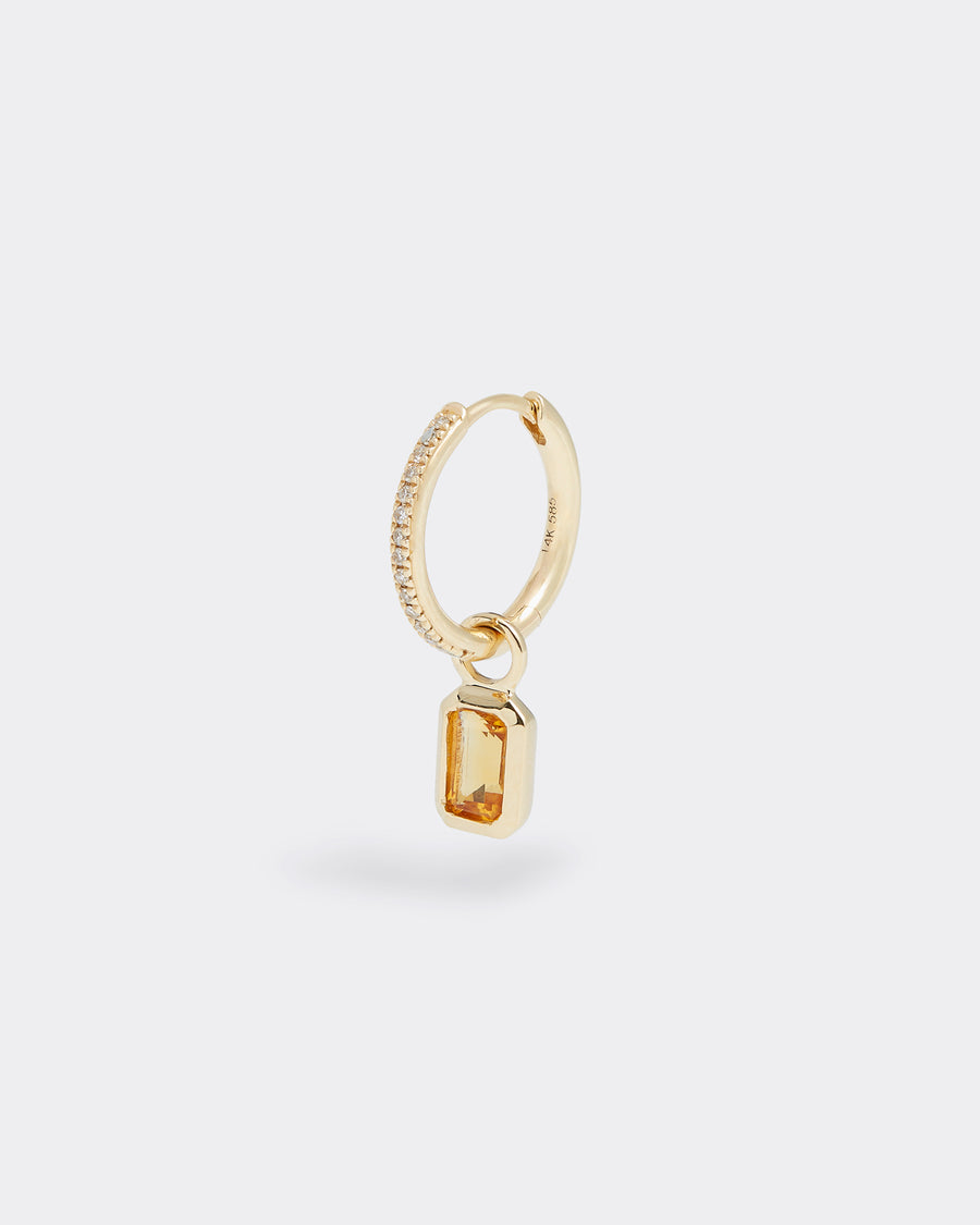 soru jewellery citrine birthstone charm hanging from diamond hoop earrings, product shot 