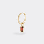 soru jewellery ruby birthstone charm hanging from diamond hoop earring, close up product shot 