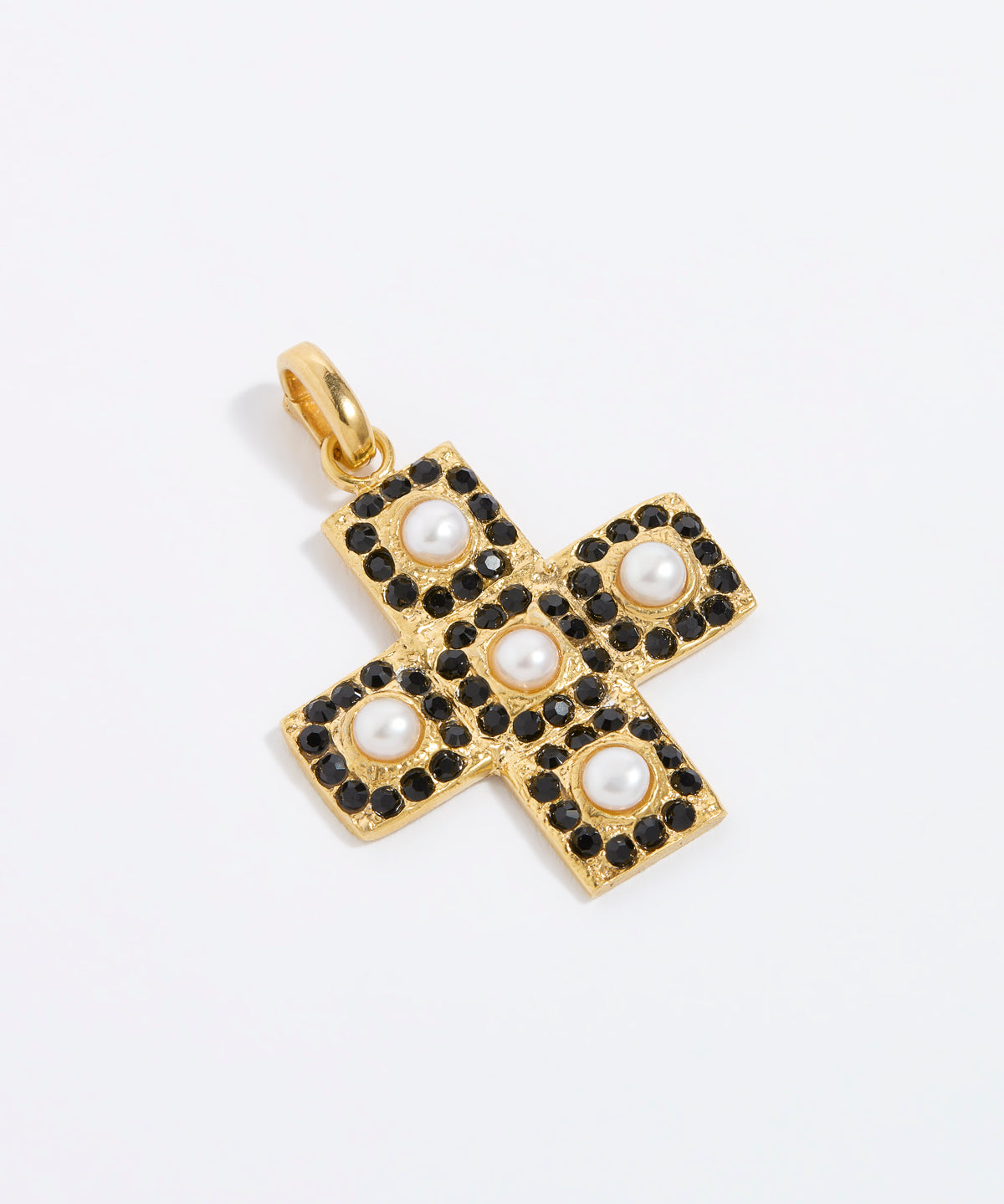 Product image of a gold textured cross-shaped pendant embellished with alternating baroque pearls and black crystals on a white background.