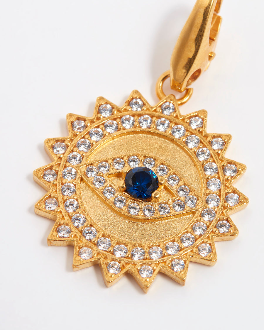 close up of soru jewellery evil eye detachable charm with crystals and blue eye crystal centre