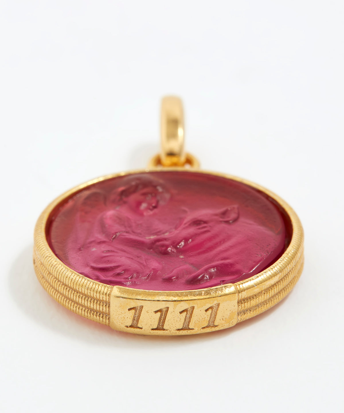 Gold pendant with a red stone and engraved angel numbers 1111 on a white background
