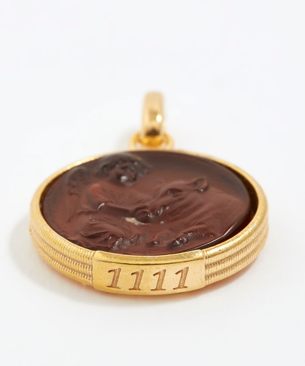 Gold pendant with a topaz stone and engraved angel numbers 1111 on a white background