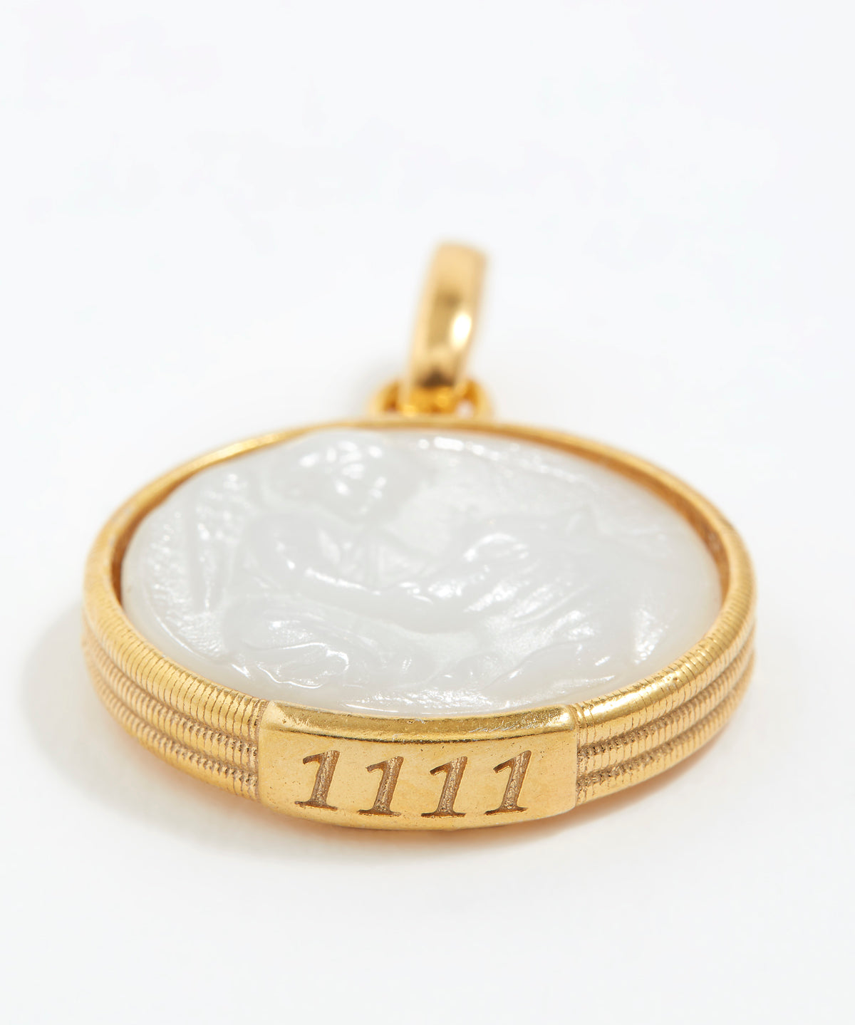 Gold pendant with a white stone and engraved angel numbers '1111' on a white background