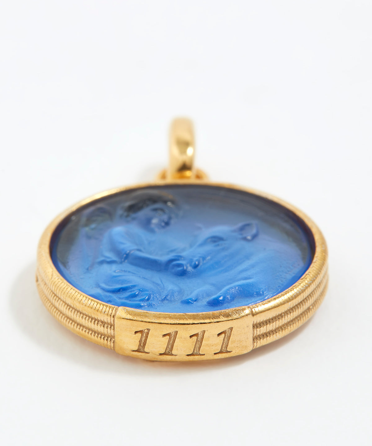 Gold pendant with blue stone and angel number '1111' engraving on a white background