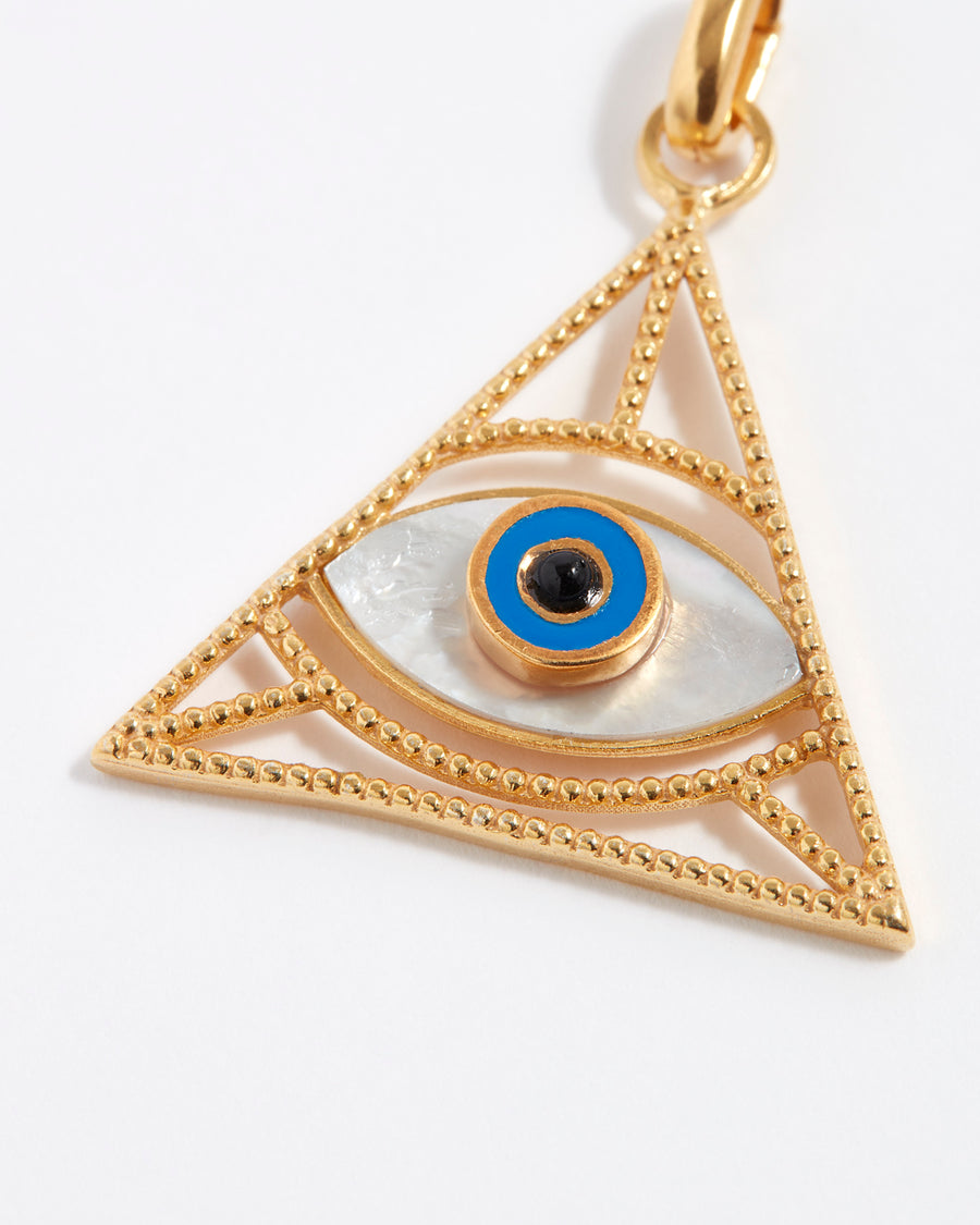 soru jewellery close up prodyct image of the mother of pearl and enamel evil eye protection charm 