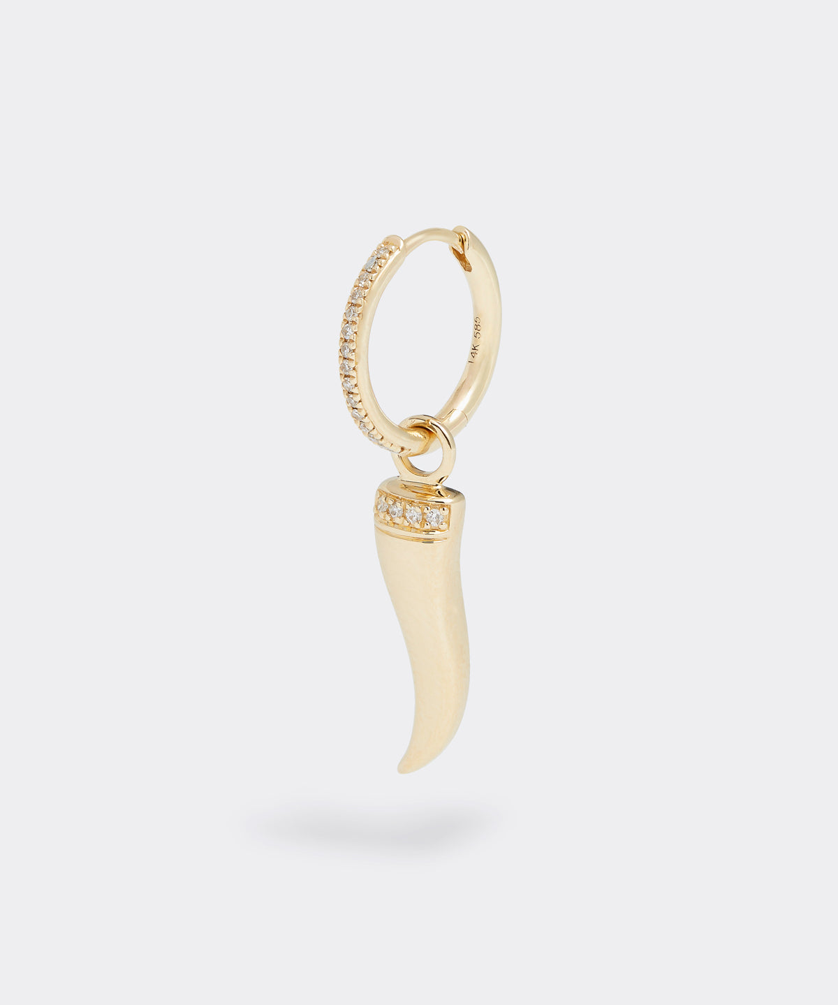 interchangeable gold horn good luck charm, made in gold and diamonds, to be worn on a necklace or earrings, charm on an earring
