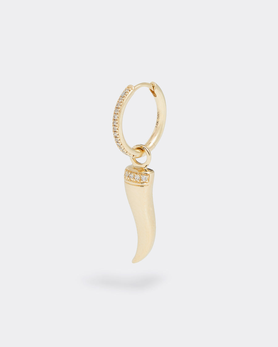 interchangeable gold horn good luck charm, made in gold and diamonds, to be worn on a necklace or earrings, charm on an earring