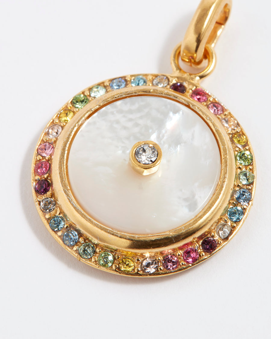  close up of gold plated silver mother of pearl and multicoloured crystal detachable charm