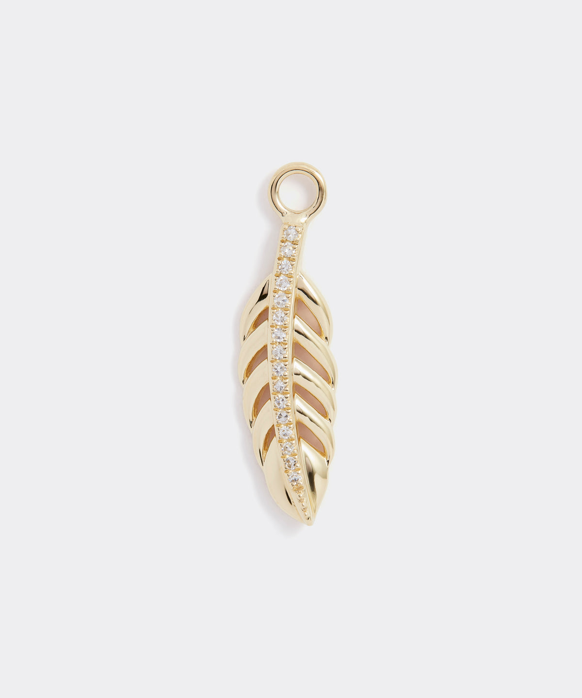14ct gold & diamond charm, feather shape with diamonds down the centre, interchangeable charm to be used on necklaces and earrings, product shot