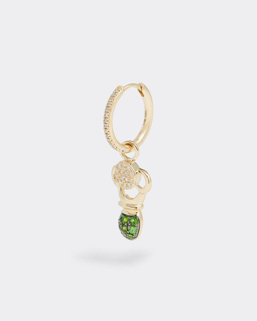 scarab beetle charm made of gold and diamonds and green diopside gemstones, product shot on hoop earring