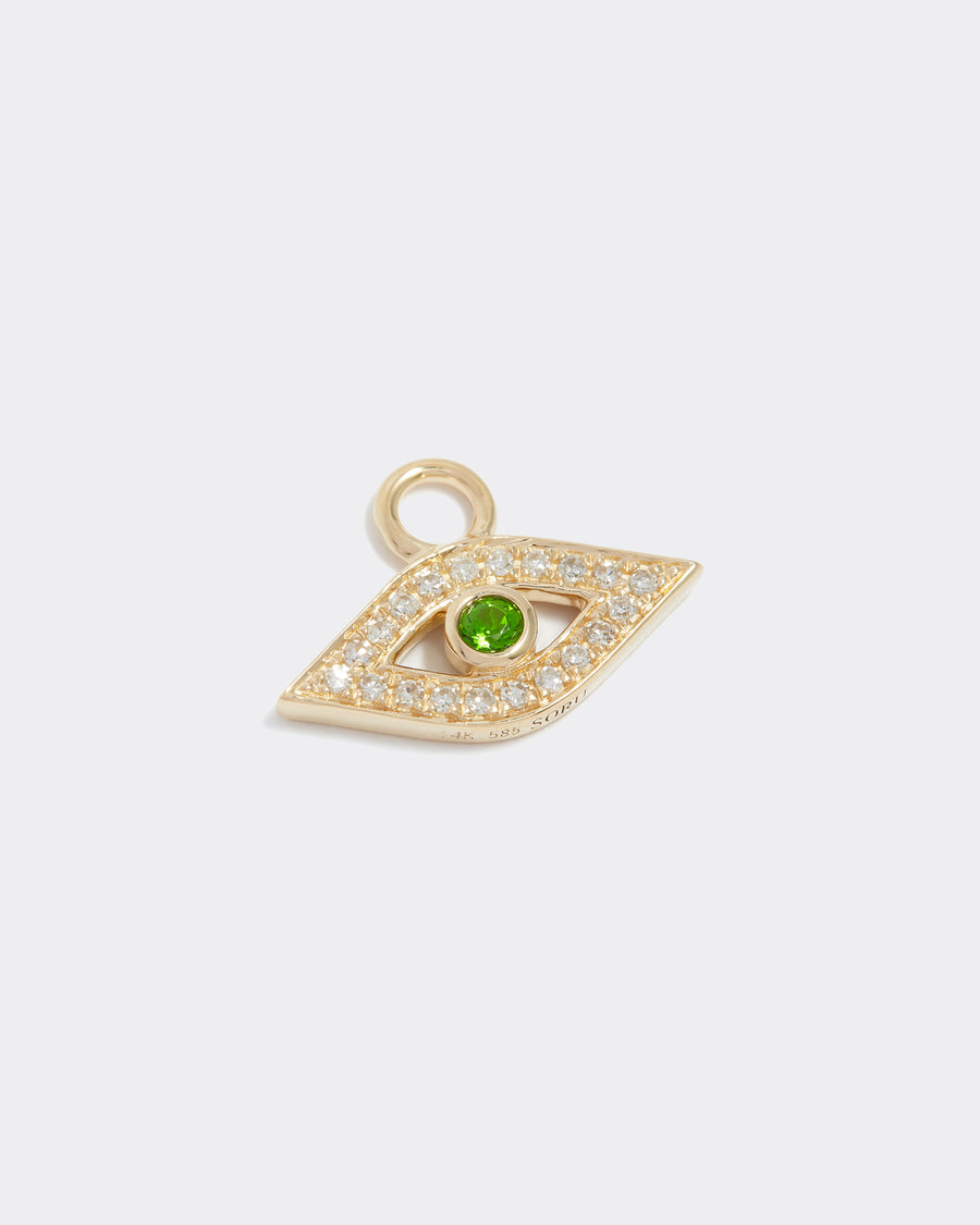14ct gold & diamond charm, evil eye shape with green stone centre, interchangeable charm to be used on necklaces and earrings, product shot