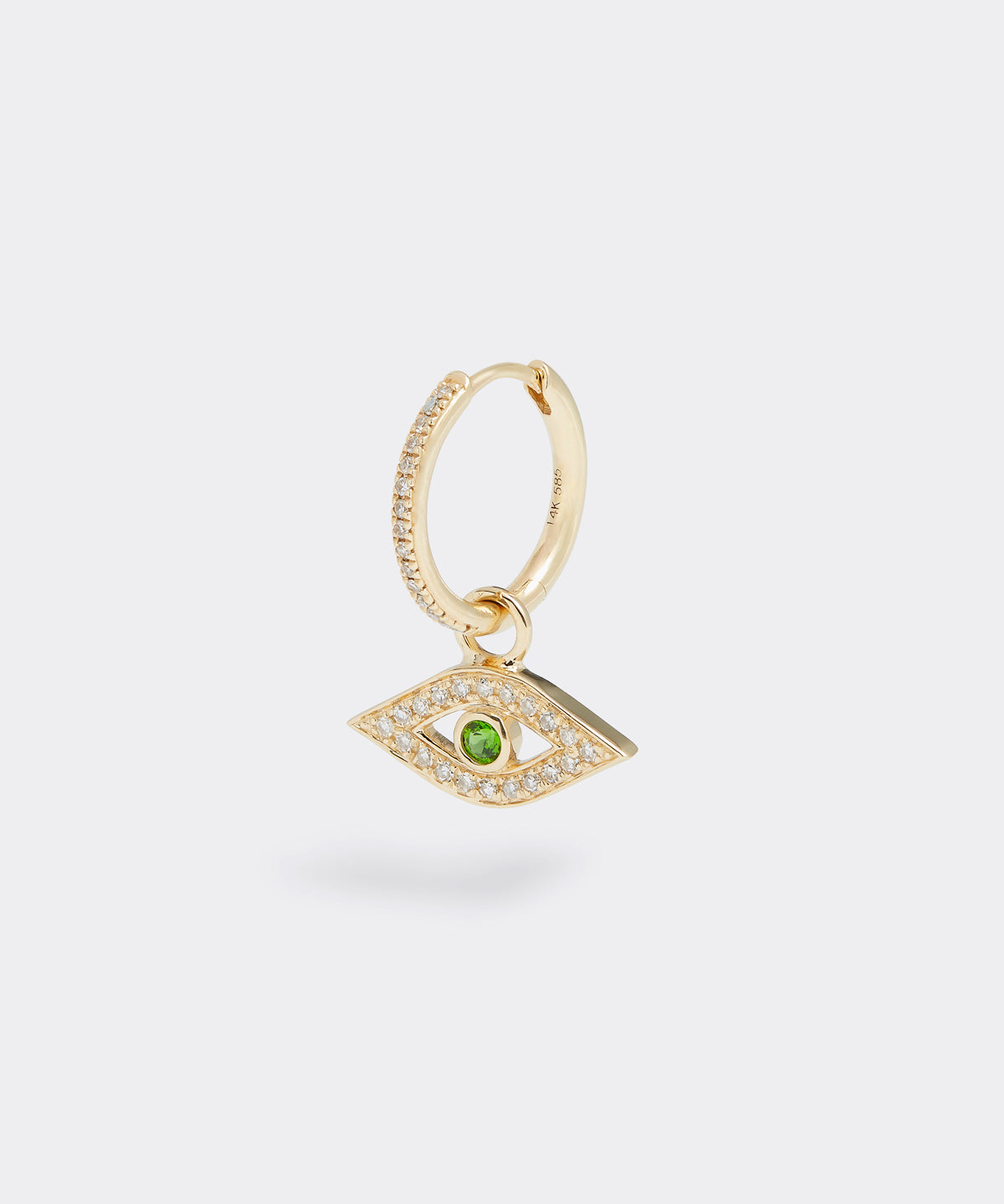 14ct gold & diamond charm, evil eye shape with green stone centre, interchangeable charm to be used on necklaces and earrings, product shot