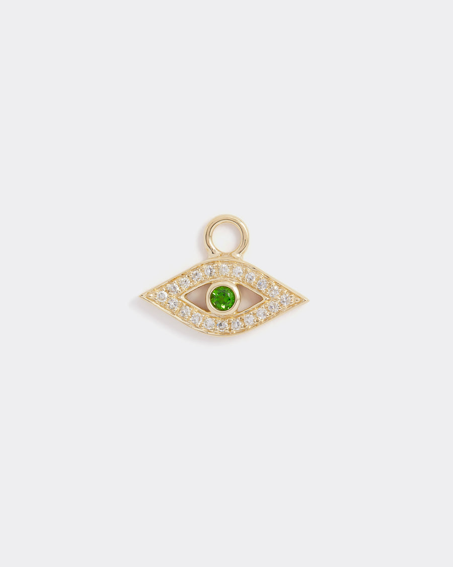 14ct gold & diamond charm, evil eye shape with green stone centre, interchangeable charm to be used on necklaces and earrings, product shot