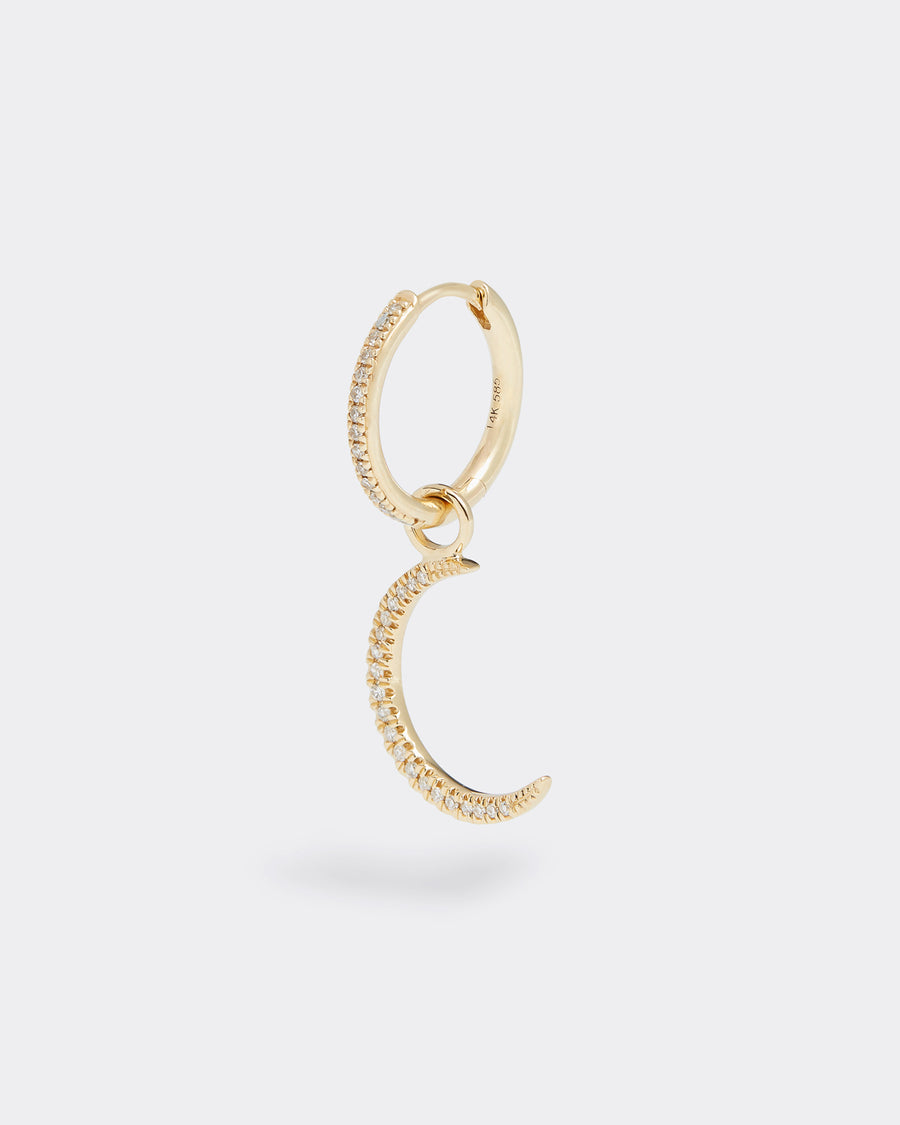 gold and diamond crescent moon charm, product shot on hoop earring