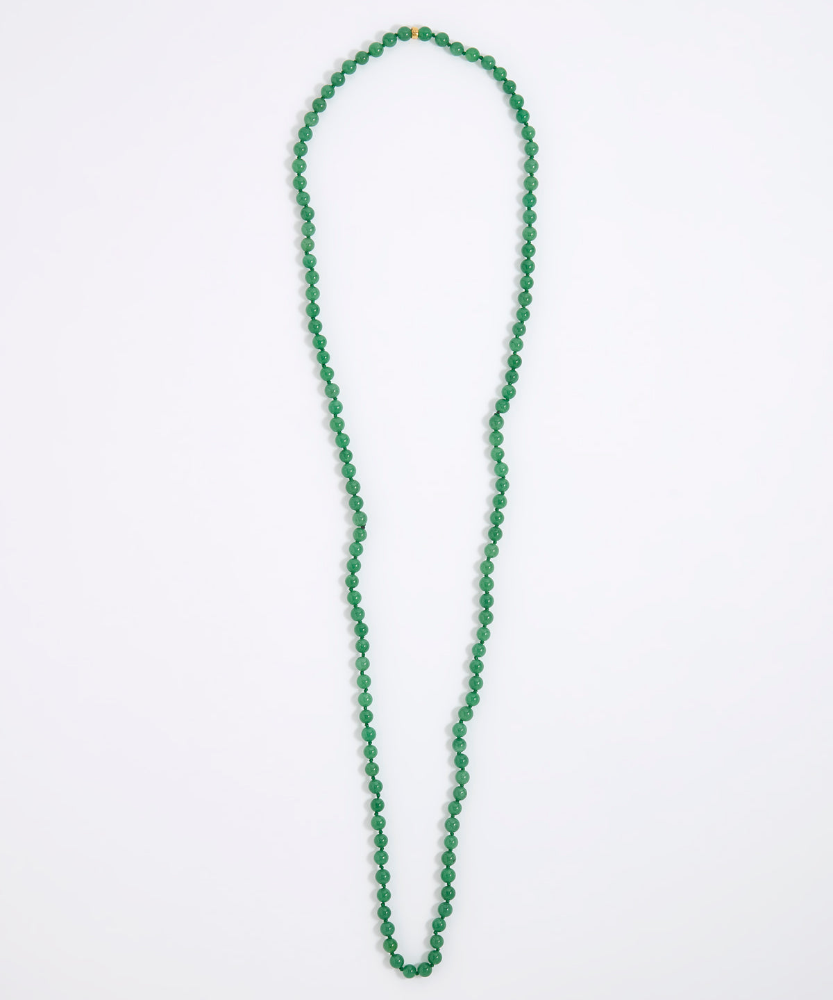 A green agate beaded necklace made of small, round, polished beads with a tiny gold spacer accent, displayed on a white background.