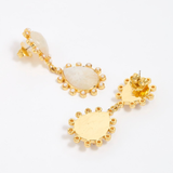 Close-up of side and reverse product shot  of gold earrings with teardrop shaped moonstones and small pearls on  white background