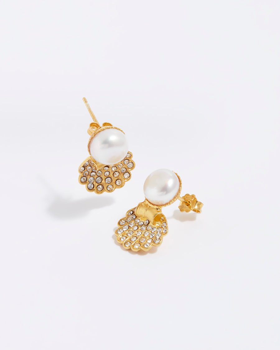 product shot of pearl stud earrings with crystal encrusted shell 