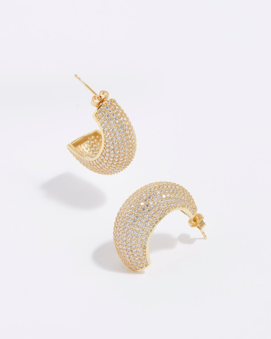 product shot of gold plated silver and crystal hoop earrings